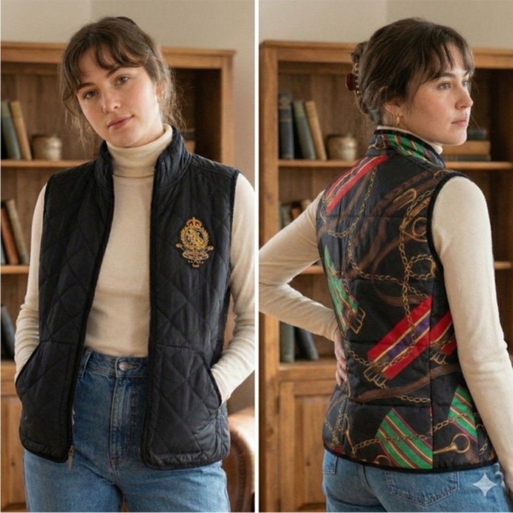VTG Lauren Ralph Lauren Women Black Equestrian Two Side Quilted Vest Size 3X